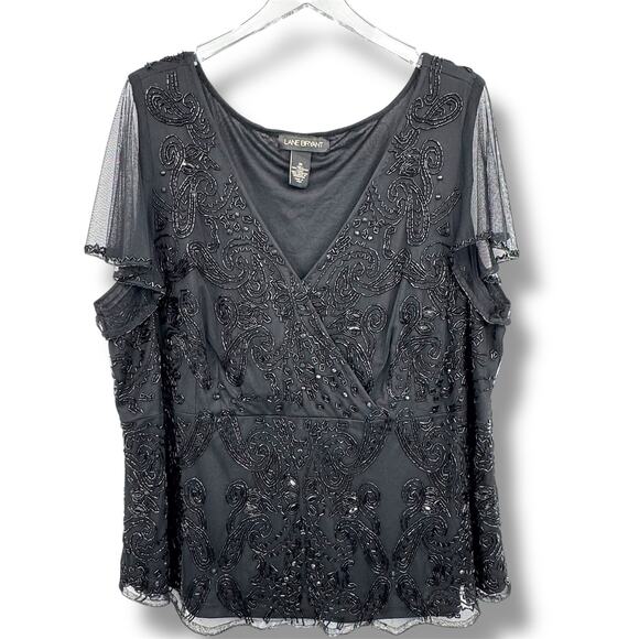 Lane Bryant blouse 28 beaded evening cocktail sheer flutter sleeve faux wrap - Picture 1 of 9